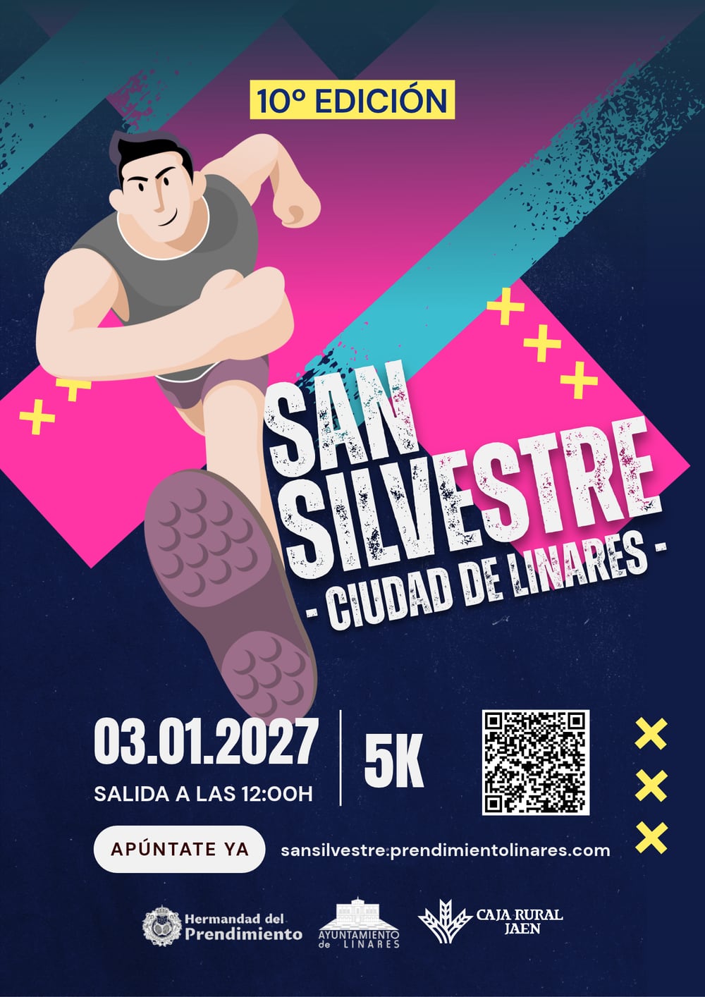 Cartel oficial de la X San Silvestre Ciudad de Linares: 3 de enero de 2027, 5K, salida a las 12:00 h